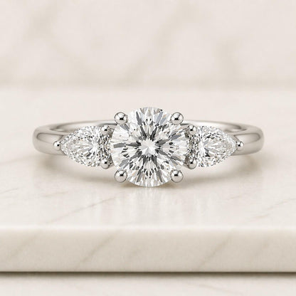 Round Cut Lab Grown Diamond Three Stone Ring, 14K Thin Gold Trilogy Ring For Wedding Gift, Lab Created Diamond Minimalist Ring For Women
