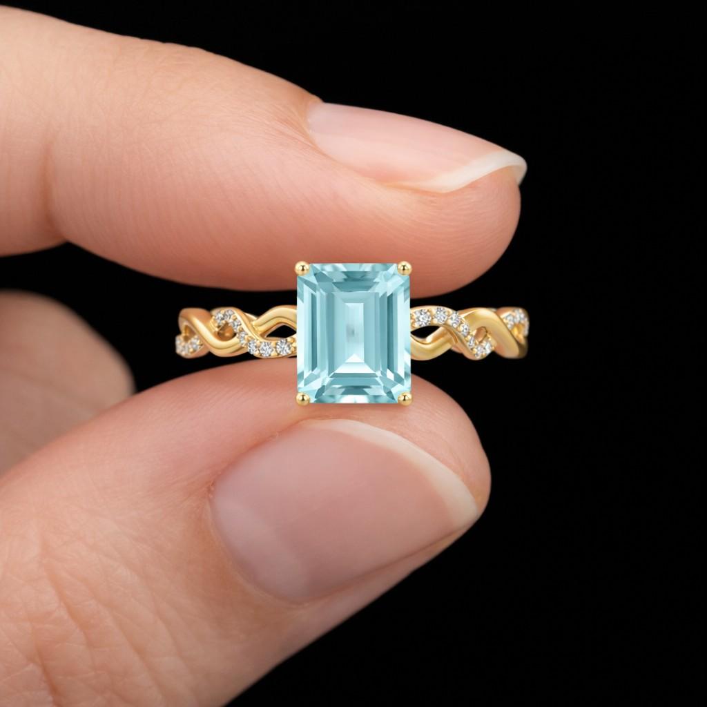 Emerald cut Aquamarine ring vintage infinity halo unique engagement ring twisted diamond ring solid yellow gold promise wedding ring women
