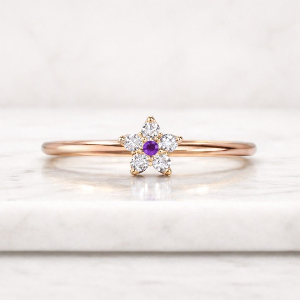 10k yellow gold lab amethyst ring, flower halo cz accents
