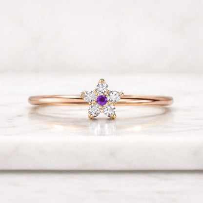 10k Yellow Gold Lab Amethyst Ring, Flower Halo CZ Accents
