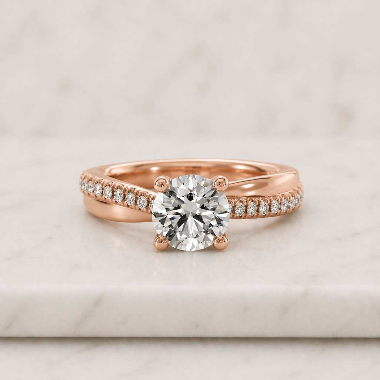 Solid Gold Tulip Set Round Cut Moissanite Engagement Ring, Pave Ring Twisted Band