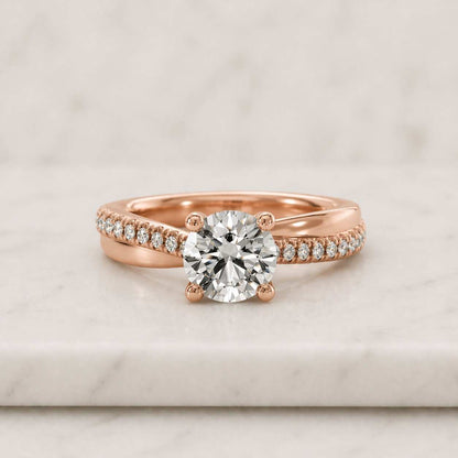 Solid Gold Tulip Set Round Cut Moissanite Engagement Ring, Pave Ring Twisted Band