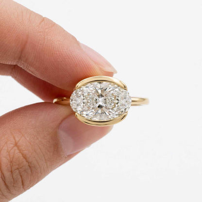 East West 2ct Oval Lab Grown Diamond Engagement Ring Vintage Bezel Set Ring 14k Yellow Gold IGI Certified Solitaire Lab Diamond Ring for Her
