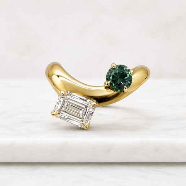 Emerald & Moissanite Toi et Moi Ring – Emerald and Round Cut Two Stone Ring – 925 Sterling Silver Promise Ring – Engagement or Birthday Gift
