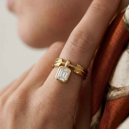 trendy ring chic ring finger ring gift ring bridal ring engagement style ring refined ring minimalist ring gold jewelry gemstone ring rectangular stone ring bezel setting ring open band