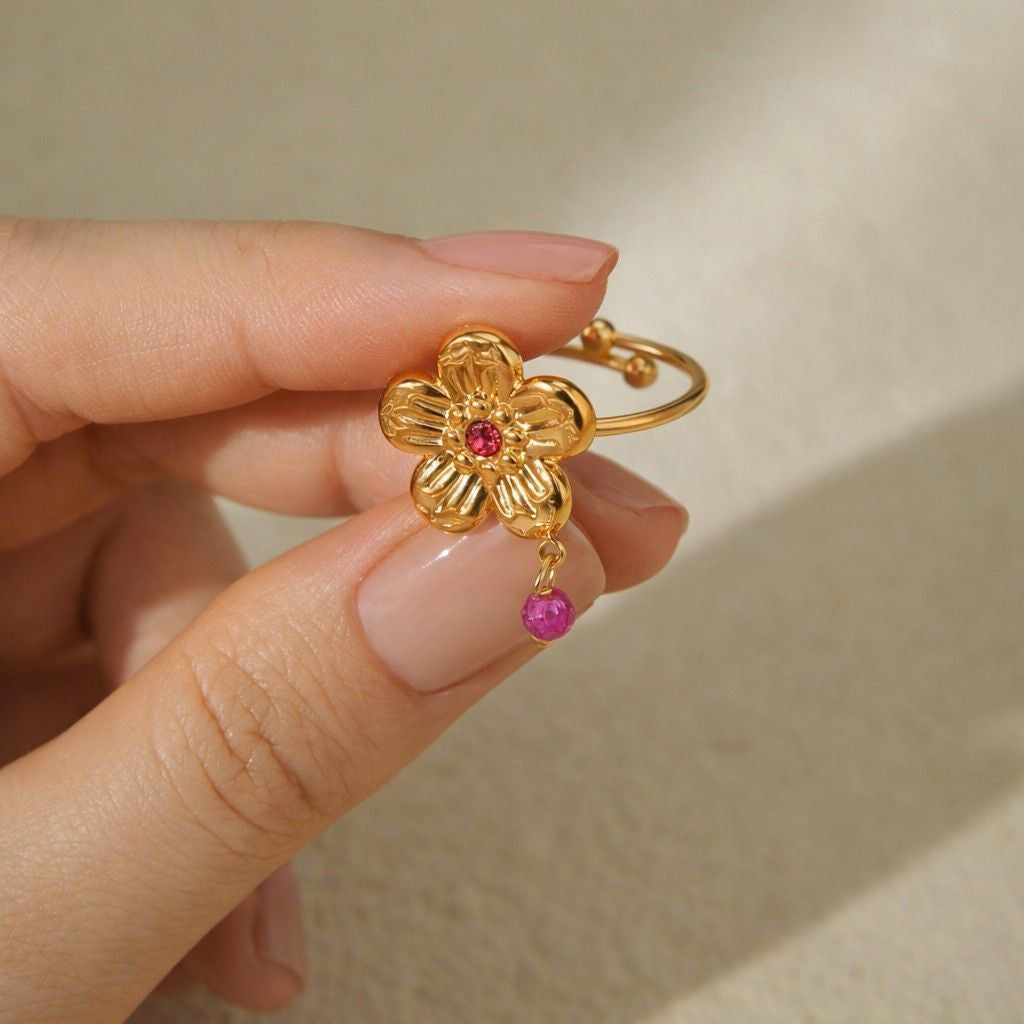 trendy ring elegant ring artisan ring unique ring decorative ring feminine ring charm ring floral accessory stackable ring adjustable jewelry open ring flower charm pink bead ring