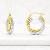 Twisted Two Tone Huggie Hoop Earrings in Yellow and White Gold