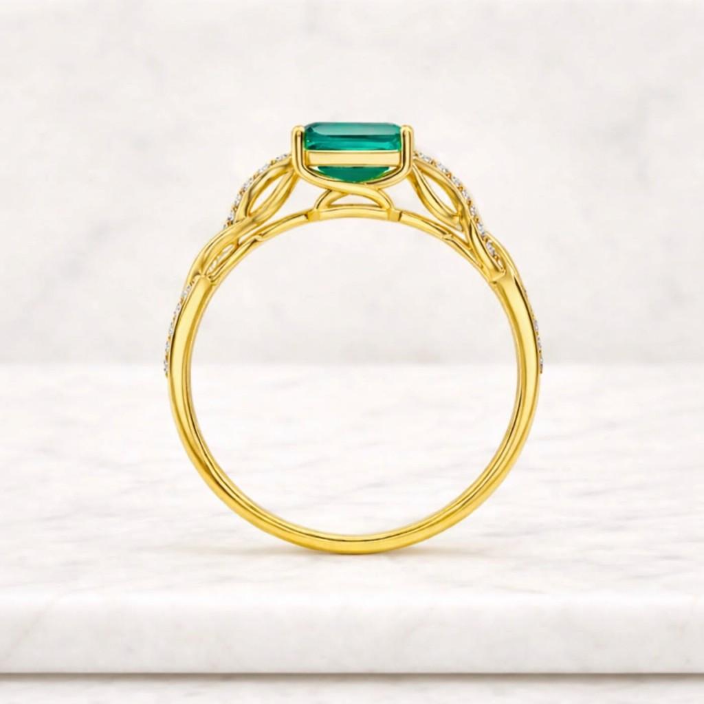 emerald moissanite twisted band ring, 14k gold plated vermeil, may birthstone engagement ring
