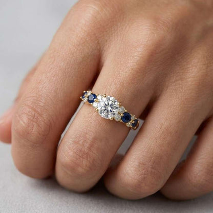 Three Stone 2.40Ct Round Cut Moissanite & Blue 925 Sterling Silver Prong Wedding, Engagement Ring
