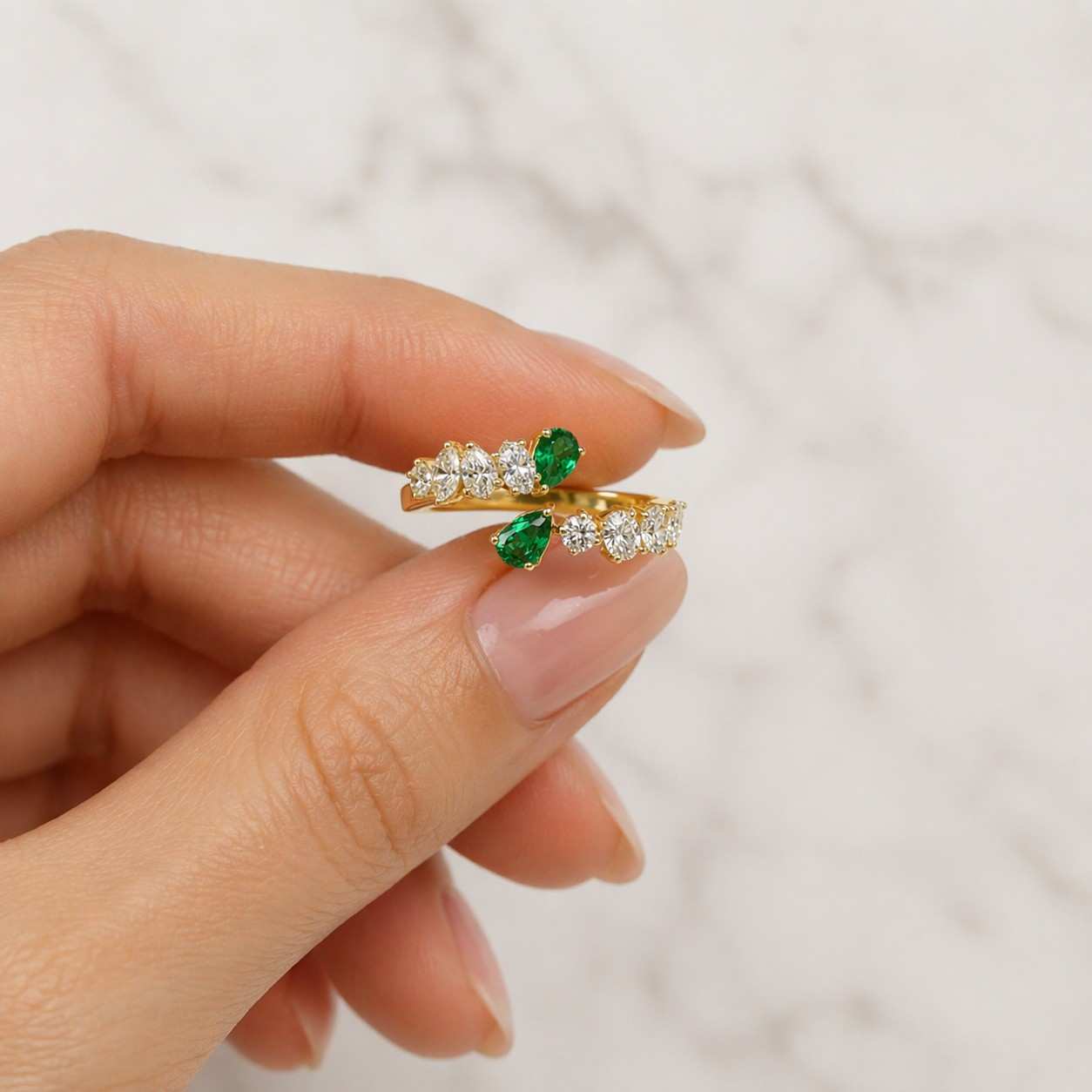 5X4mm Pear Emerald Diamond Toi et Moi Ring 10k Yellow Gold, Green Pear Cut Cluster Ring, Pave Diamond Open Cuff Ring, May Birthstone Jewelry