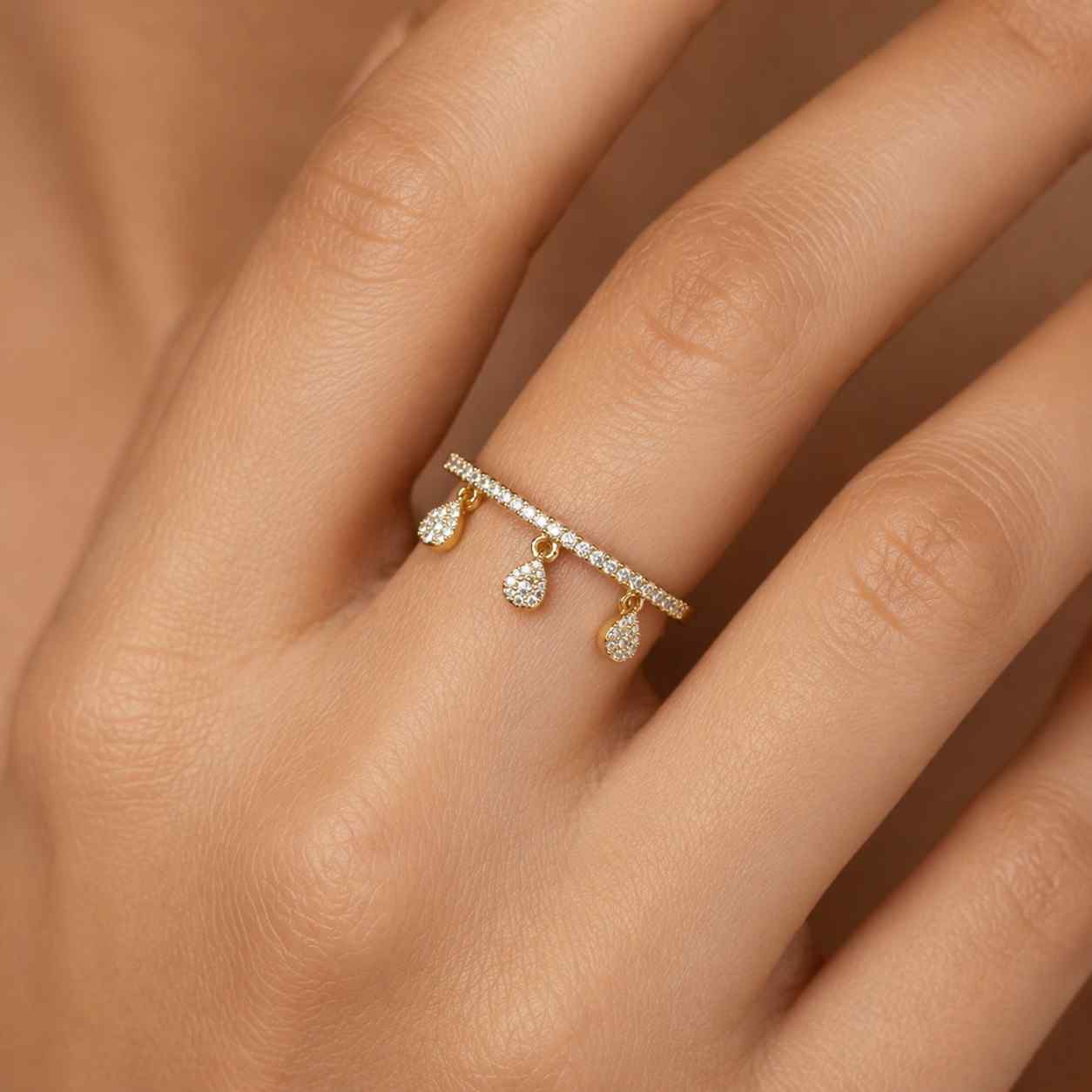 14k gold pear lab diamond ring, drilled pear & round drops, stacking band