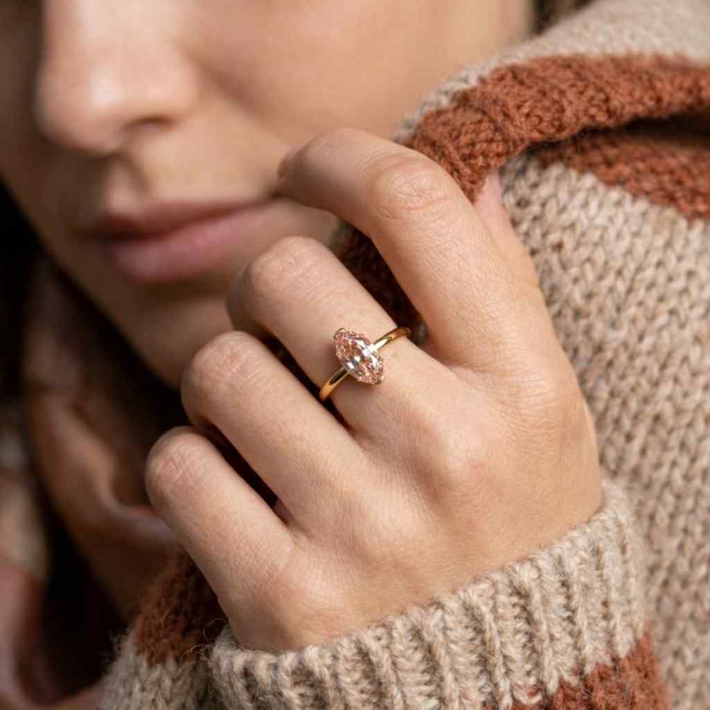  Champagne Oval Step Cut Lab Grown Diamond Ring Half Bezel Solitaire Engagement Ring Lab Diamond Wedding Ring, Unique Anniversary
