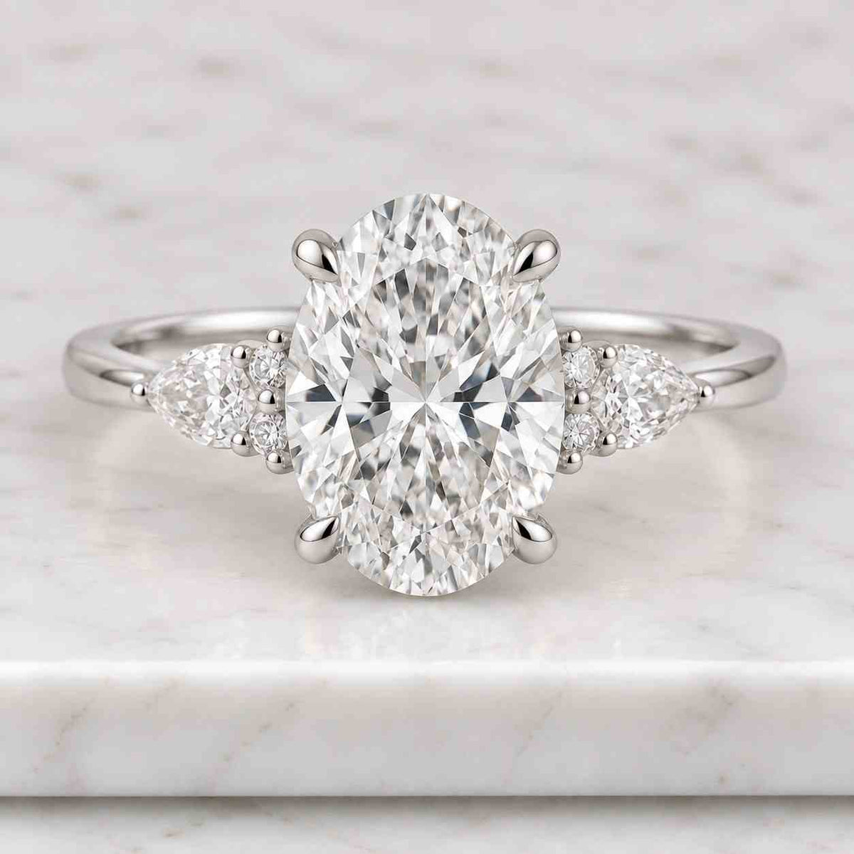 val Three Stone Ring Real Lab Grown Diamond Engagement Ring Oval Trilogy Ring for Anniversary Gift Side Pear Three Diamond Proposal Ring