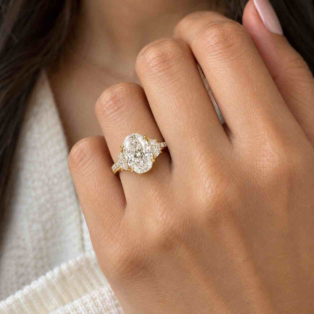val and Half Moon Diamond Three Stone Ring for Her, Lab Grown Diamond Engagement Ring, Unique Wedding Ring, AnniversaryBirthday Gift Ring