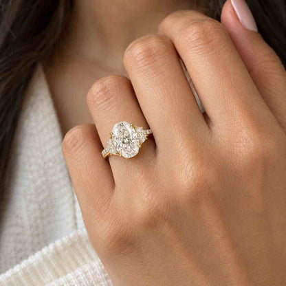 val and Half Moon Diamond Three Stone Ring for Her, Lab Grown Diamond Engagement Ring, Unique Wedding Ring, AnniversaryBirthday Gift Ring