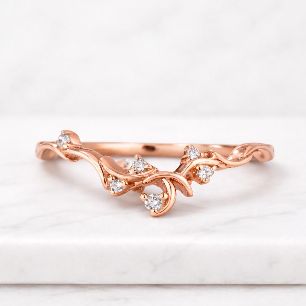 vintage vine diamond band, nature inspired wedding band, leaf engraved ring, 14k gold curved stacking ring, round cut lab grown diamond ring
