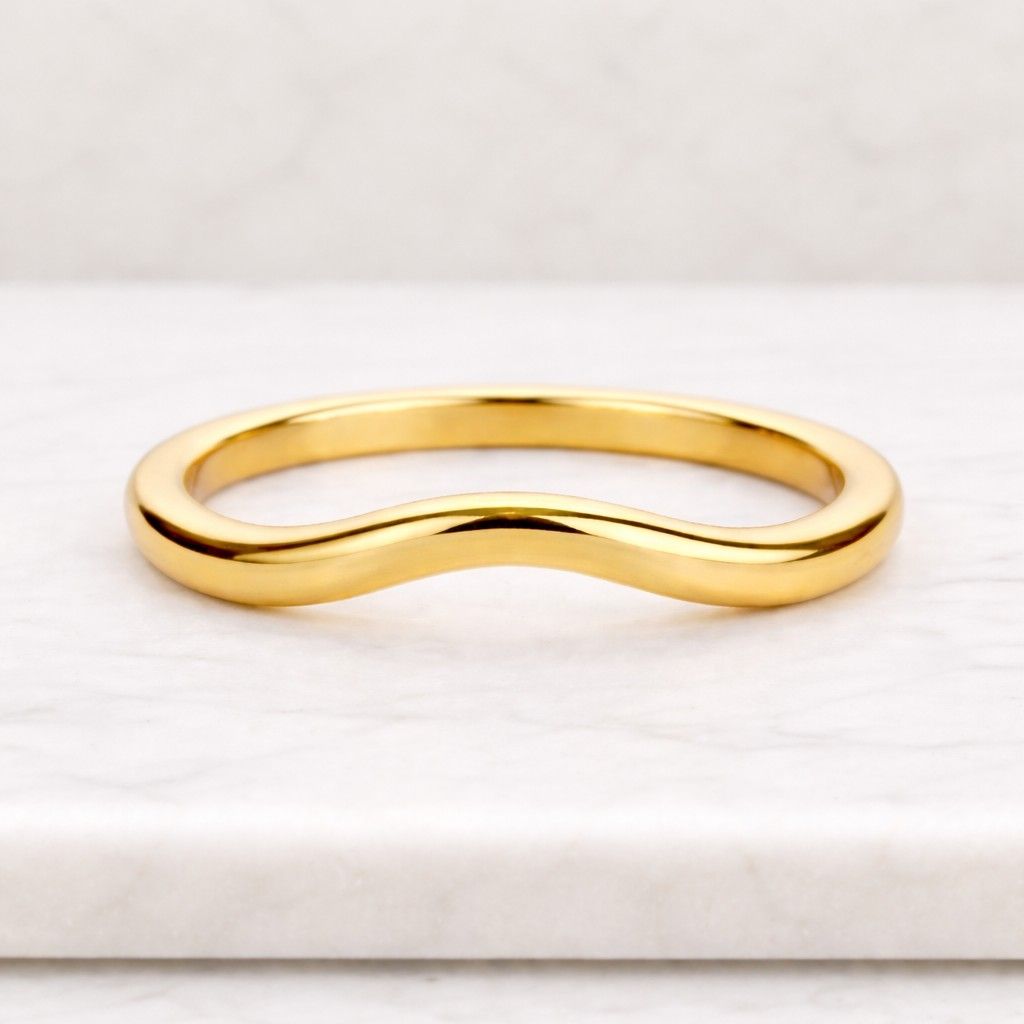 curved solid gold wedding band, minimalist dainty stacking ring, simple matching band