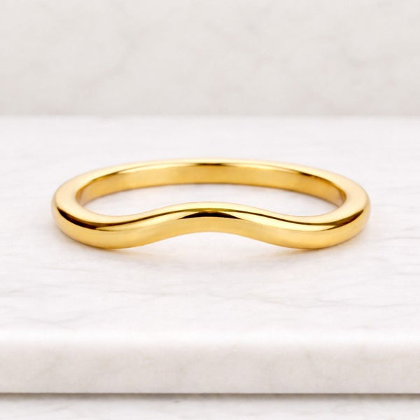 Curved Solid Gold Wedding Band, Minimalist Dainty Stacking Ring, Simple Matching Band