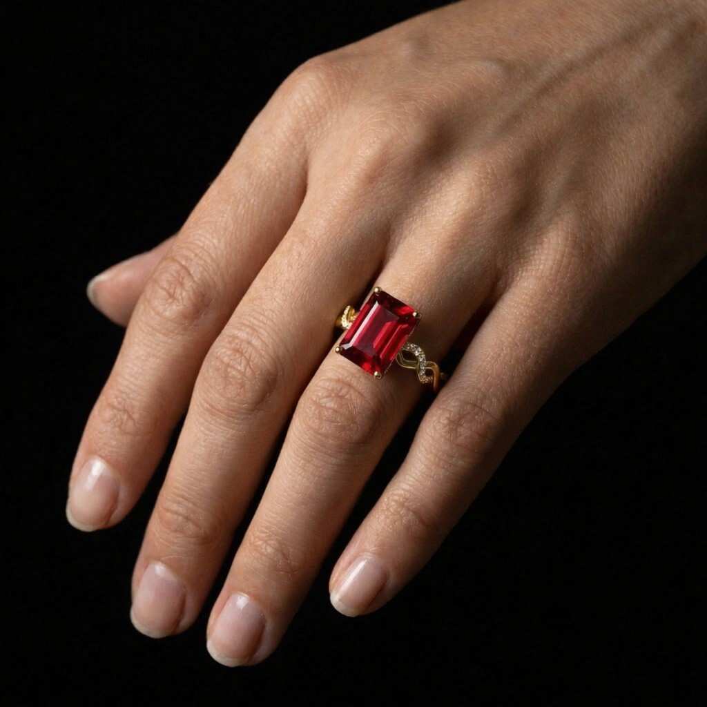 Vintage Wedding Red Ruby Emerald Cut Solitaire Engagement Ring, July Birthstone, Red Gemstone Ring, Promise Anniversary Gift Ring For Women
