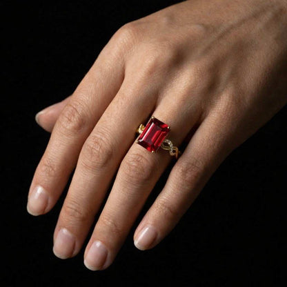Vintage Wedding Red Ruby Emerald Cut Solitaire Engagement Ring, July Birthstone, Red Gemstone Ring, Promise Anniversary Gift Ring For Women
