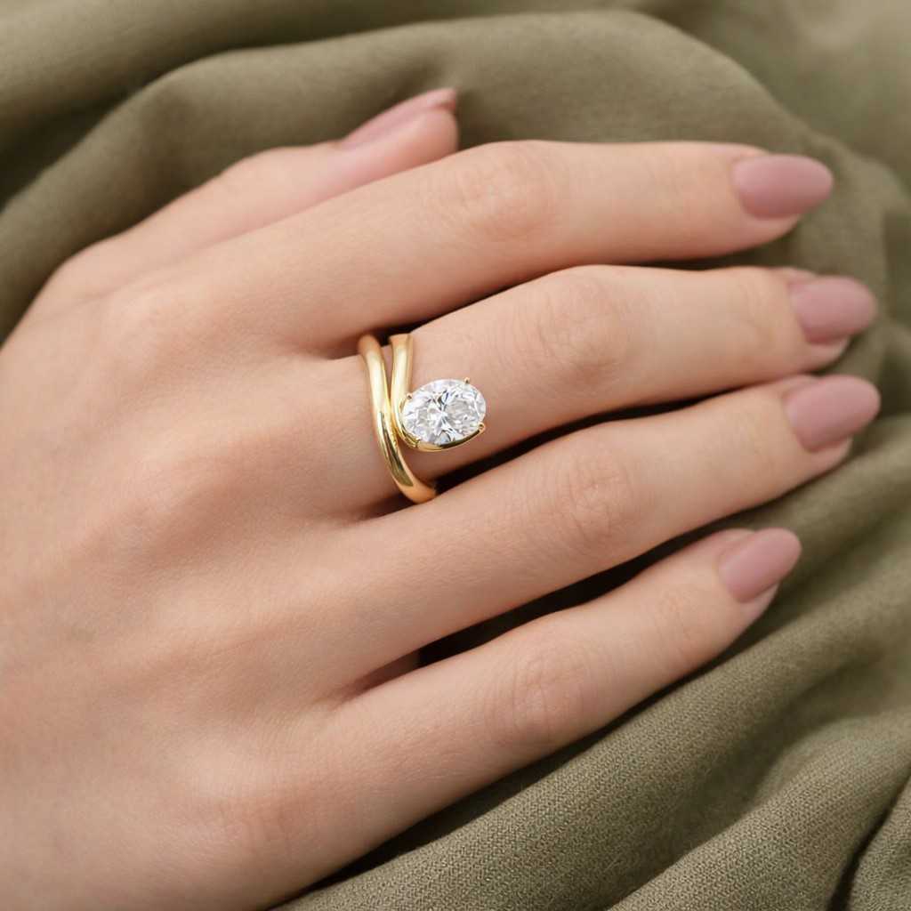 18k Gold East West Oval Cut Pink Sapphire Ring Vintage Curved Wave Style Statement Ring Solitaire Engagement Ring Proposal band Gift for Her