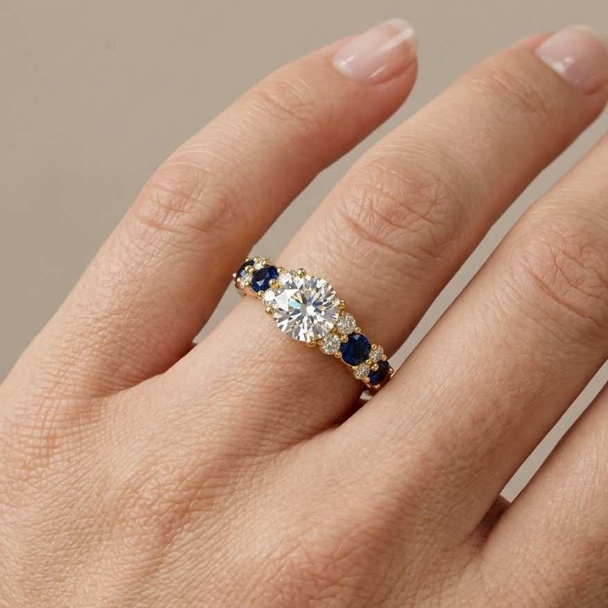moissanite engagement ring, three stone sapphire ring, round moissanite ring, 14k gold plated engagement ring, promise ring for women
