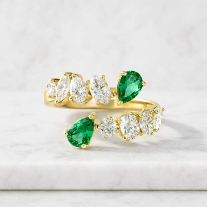 Two Stone Real Emerald Ring, Pear Cut, 18k Gold and Diamond Adjustable Ring
