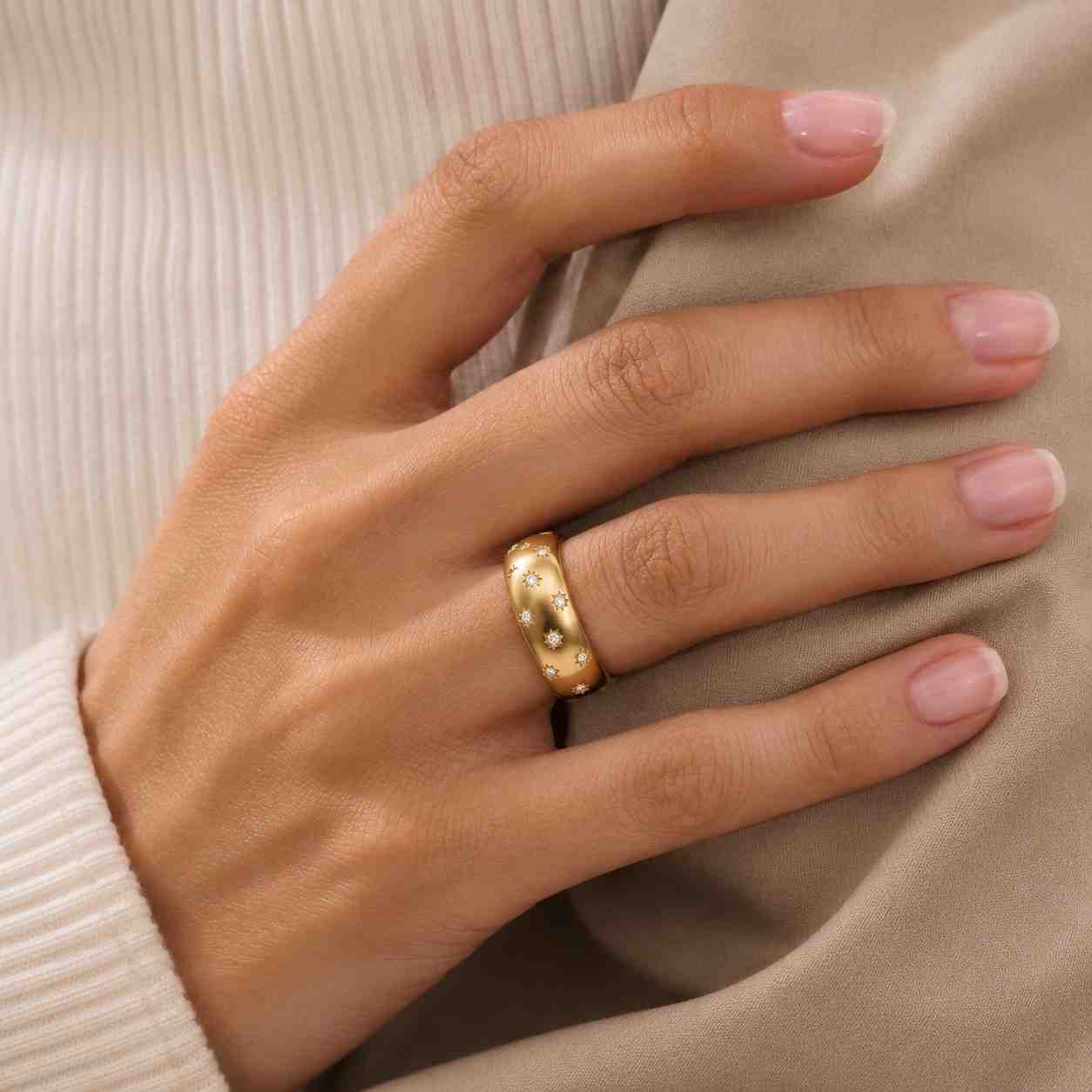 wide gold ring dome wedding band celestial band star set ring flush stone band star engraved ring polished gold band smooth finish ring chunky gold band luxury band women jewelry everyday ring