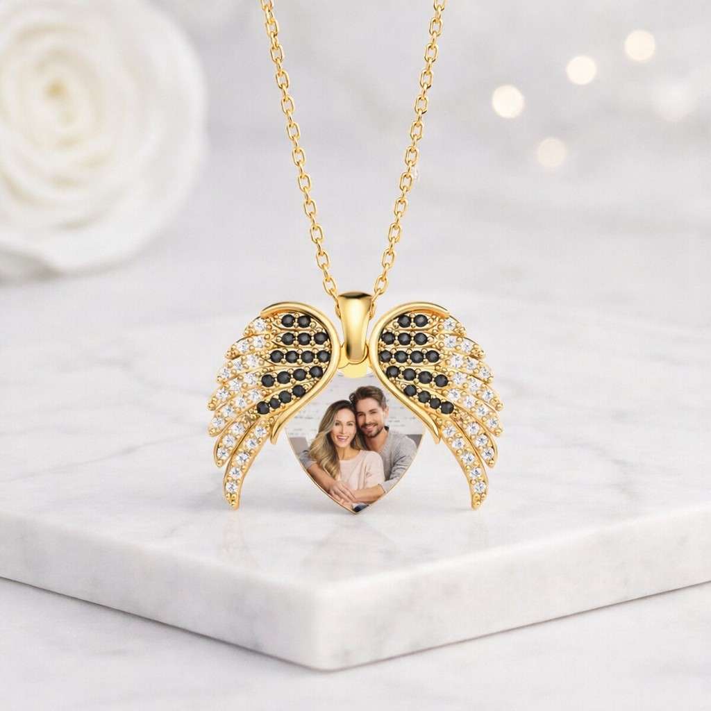 sterling silver hidden name angel wing pendant, personalized heart necklace, moissanite guardian jewelry
