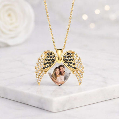Sterling Silver Hidden Name Angel Wing Pendant, Personalized Heart Necklace, Moissanite Guardian Jewelry
