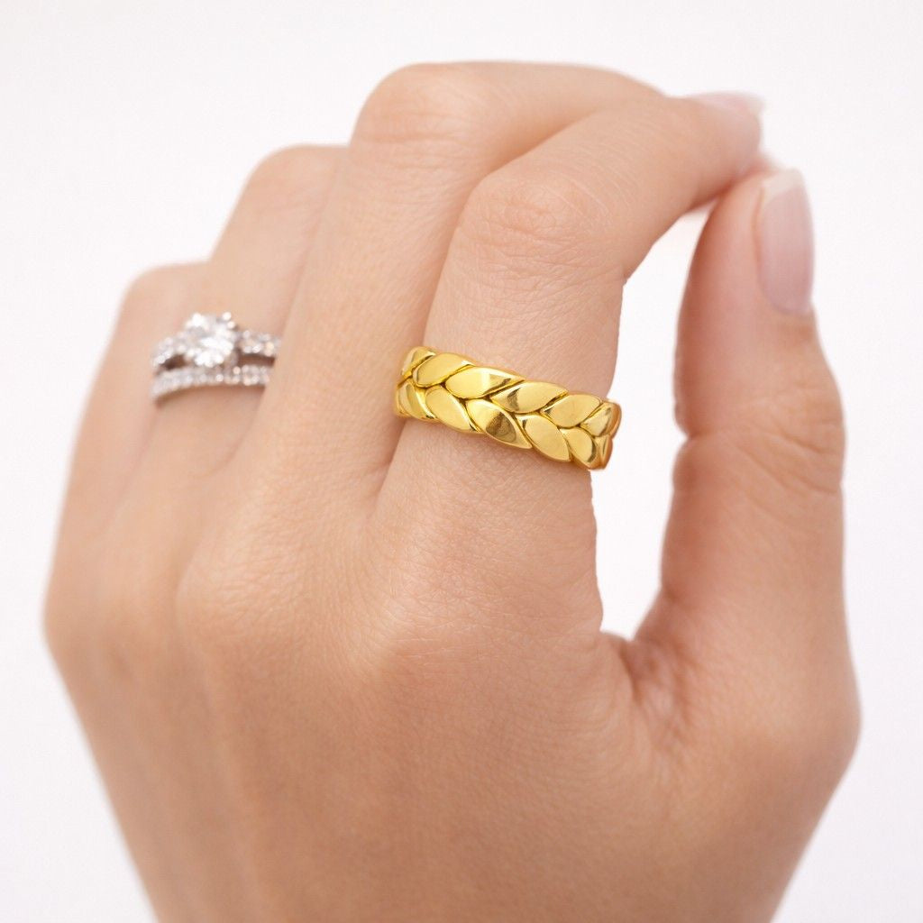 women gift for men anniversary ring promise ring friendship ring casual ring office jewelry chic ring elegant jewelry unique band gold accessory metal accessory ring design braided jewelry woven jewelry