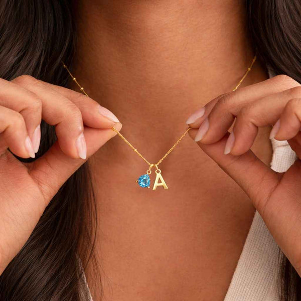 Mini Birthstone Initial Necklace, Gold Letter Necklace, Personalize Teardrop Birthstone Pendant, Mothers Day Necklace, Mothers Day Gift
