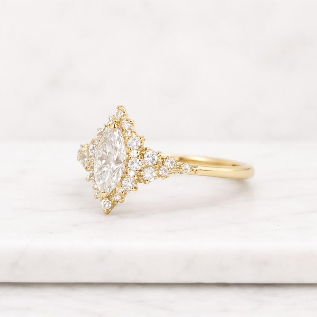 marquise cut moissanite ring, sunburst halo engagement ring, art deco style marquise ring, retro gatsby wedding ring, gift for her/women
