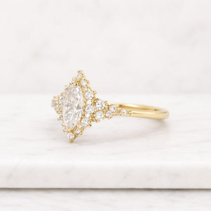 Marquise Cut Moissanite Ring, Sunburst Halo Engagement Ring, Art Deco Style Marquise Ring, Retro Gatsby Wedding Ring, Gift For Her/Women
