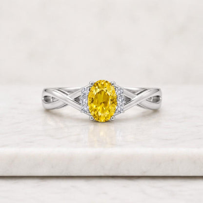 Yellow Sapphire Ring 14K Gold Cushion Cut 1.35ct Yellow Sapphire Diamond Halo Twisted Band Ring for Women
