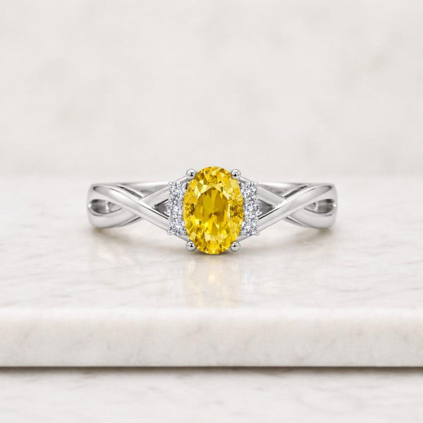 Yellow Sapphire Ring 14K Gold Cushion Cut 1.35ct Yellow Sapphire Diamond Halo Twisted Band Ring for Women
