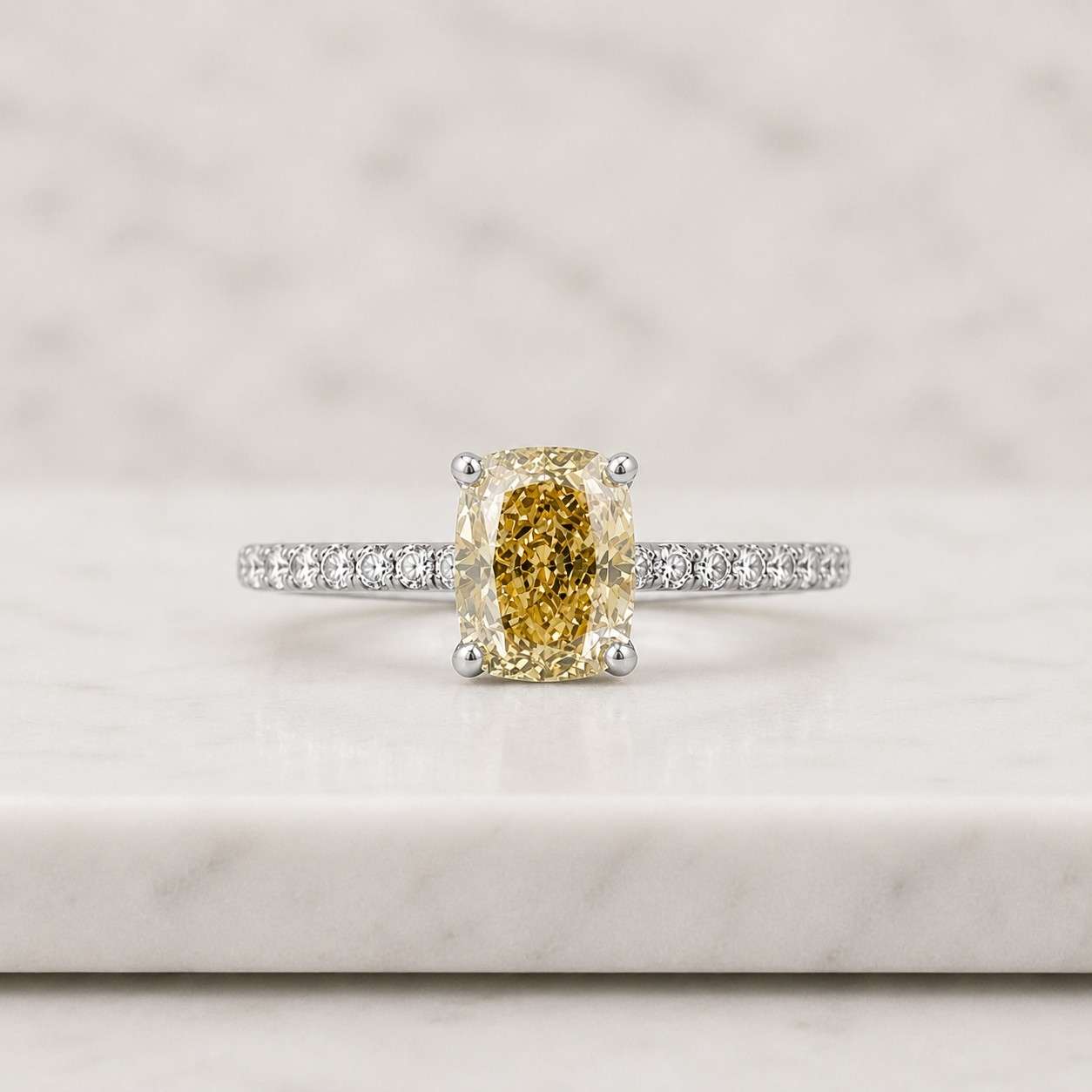 yellow gemstone ring solitaire ring engagement ring cushion ring elongated cushion ring four prong ring pave band ring thin band ring promise ring bridal ring women ring fine jewelry luxury ring elegant ring statement ring