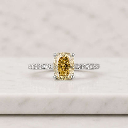 yellow gemstone ring solitaire ring engagement ring cushion ring elongated cushion ring four prong ring pave band ring thin band ring promise ring bridal ring women ring fine jewelry luxury ring elegant ring statement ring