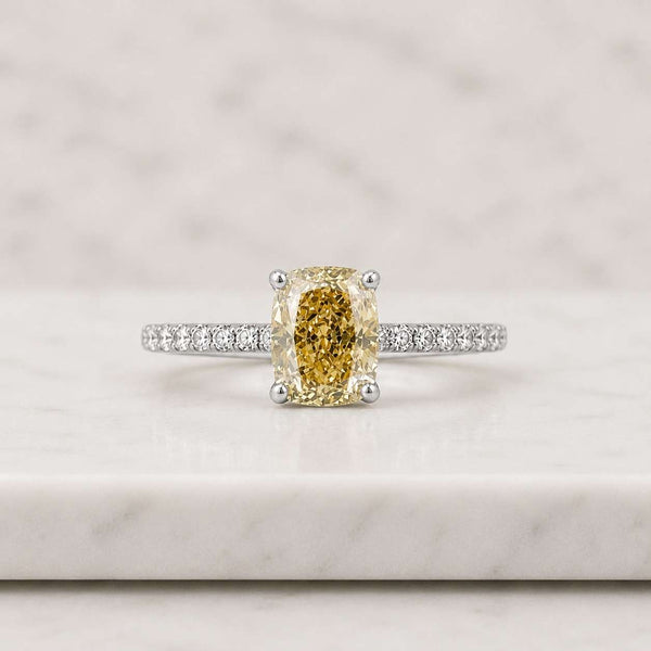 yellow gemstone ring solitaire ring engagement ring cushion ring elongated cushion ring four prong ring pave band ring thin band ring promise ring bridal ring women ring fine jewelry luxury ring elegant ring statement ring