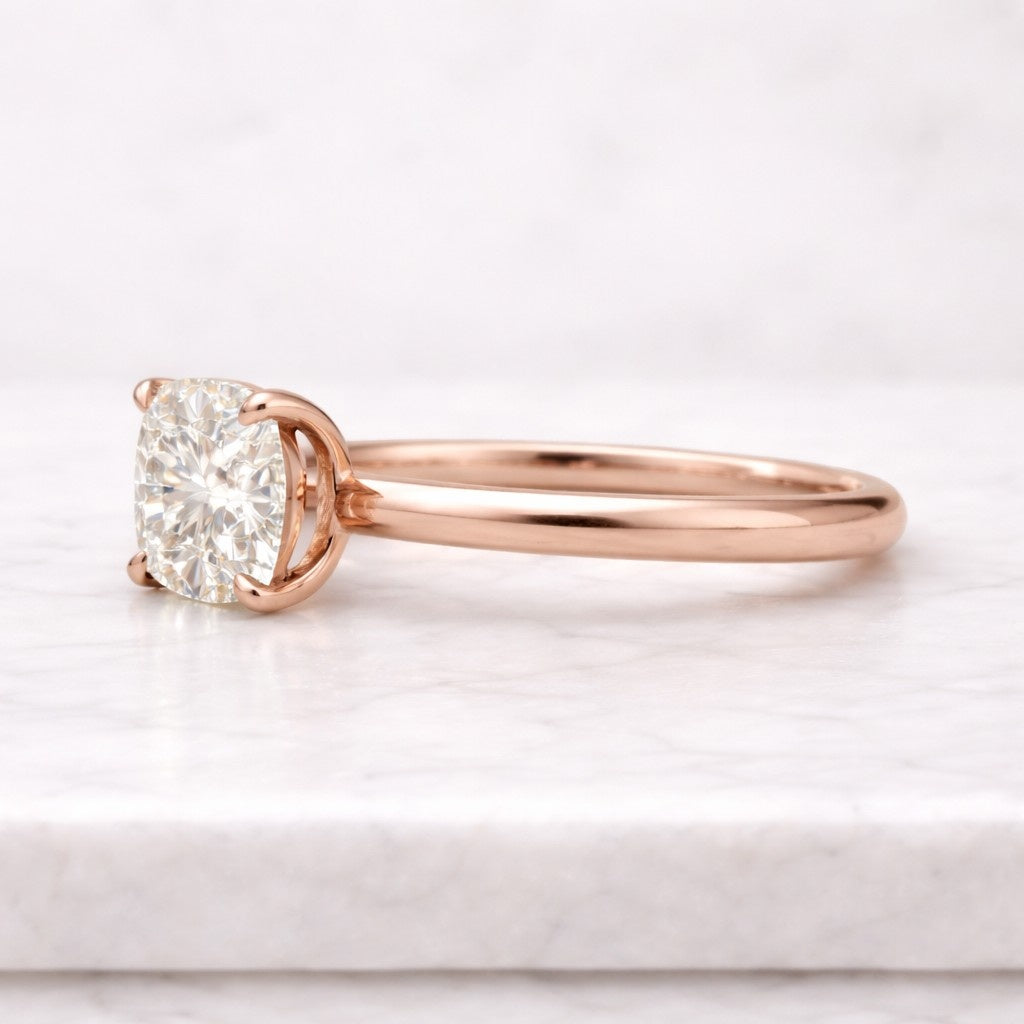 yellow gold cushion cut diamond ring solitaire setting side profile lab grown diamond engagement ring for women modern bridal jewelry simple gold ring design usa trending engagement ring