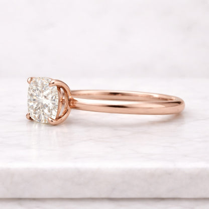 yellow gold cushion cut diamond ring solitaire setting side profile lab grown diamond engagement ring for women modern bridal jewelry simple gold ring design USA trending engagement ring