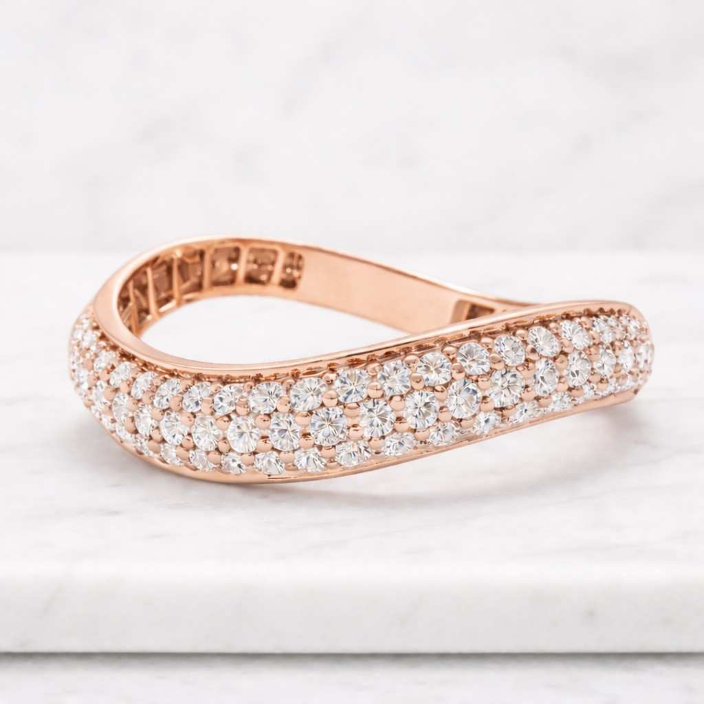 triple row pave moissanite band | round cut eternity wedding ring | three line statement stacking anniversary band | pavé wide bridal ring