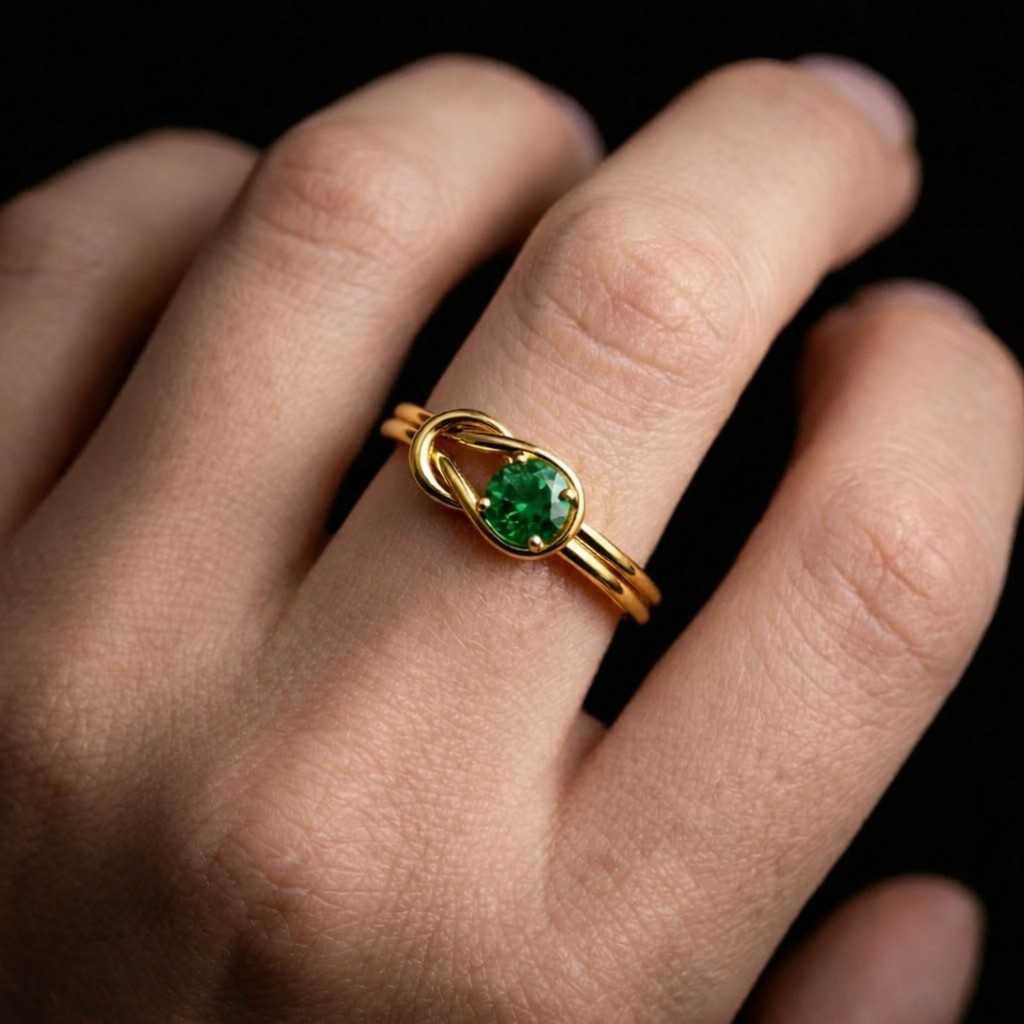 Emerald Engagement Ring, Celtic Engagement Yellow Gold In Silver Ring, Round Gemstone Ring, Knot Ring For Women Wedding Ring Gift For Her
