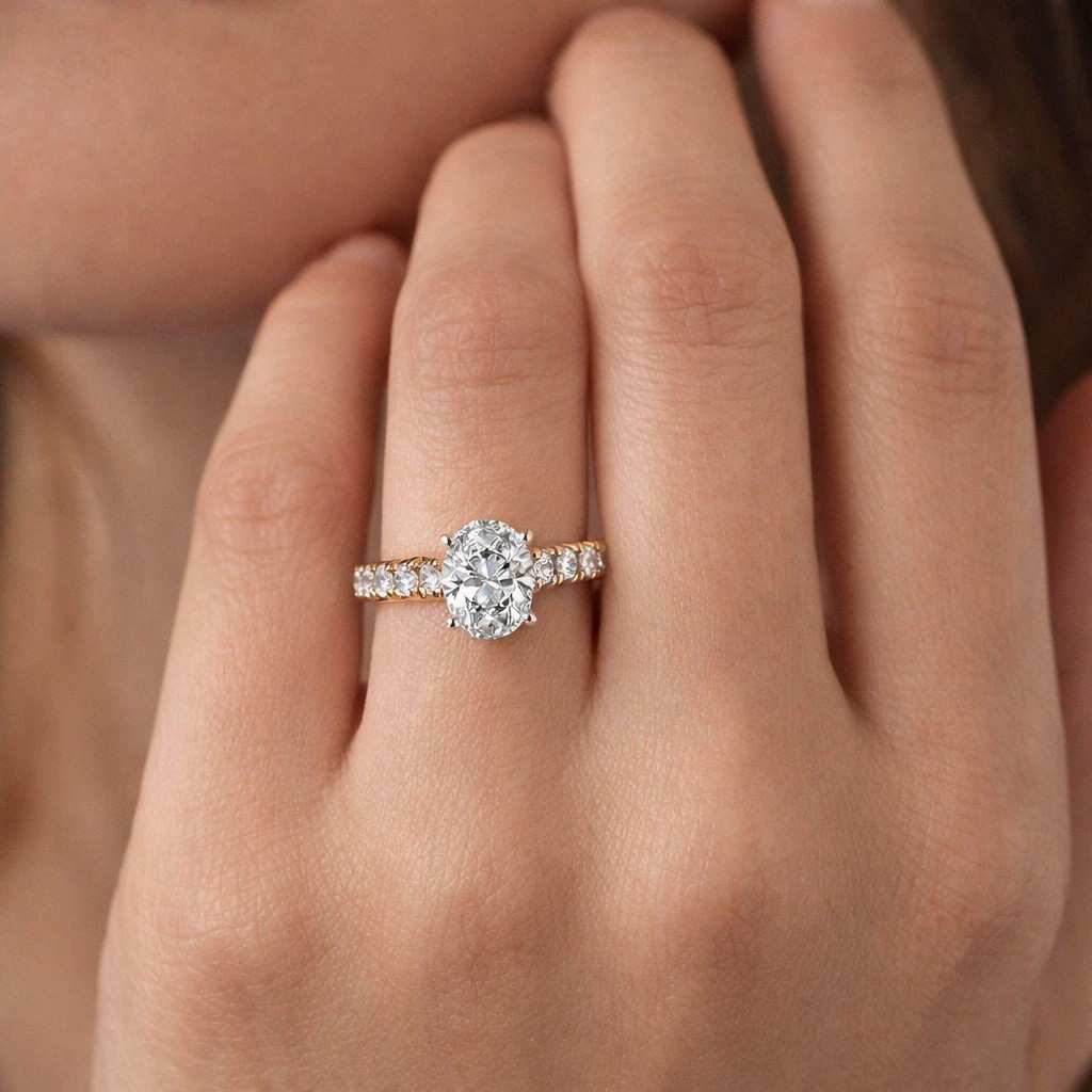 yellow gold ring oval stone ring diamond band ring micro pave ring prong setting ring slim ring band anniversary ring bridal accessory engagement jewelry luxury jewelry