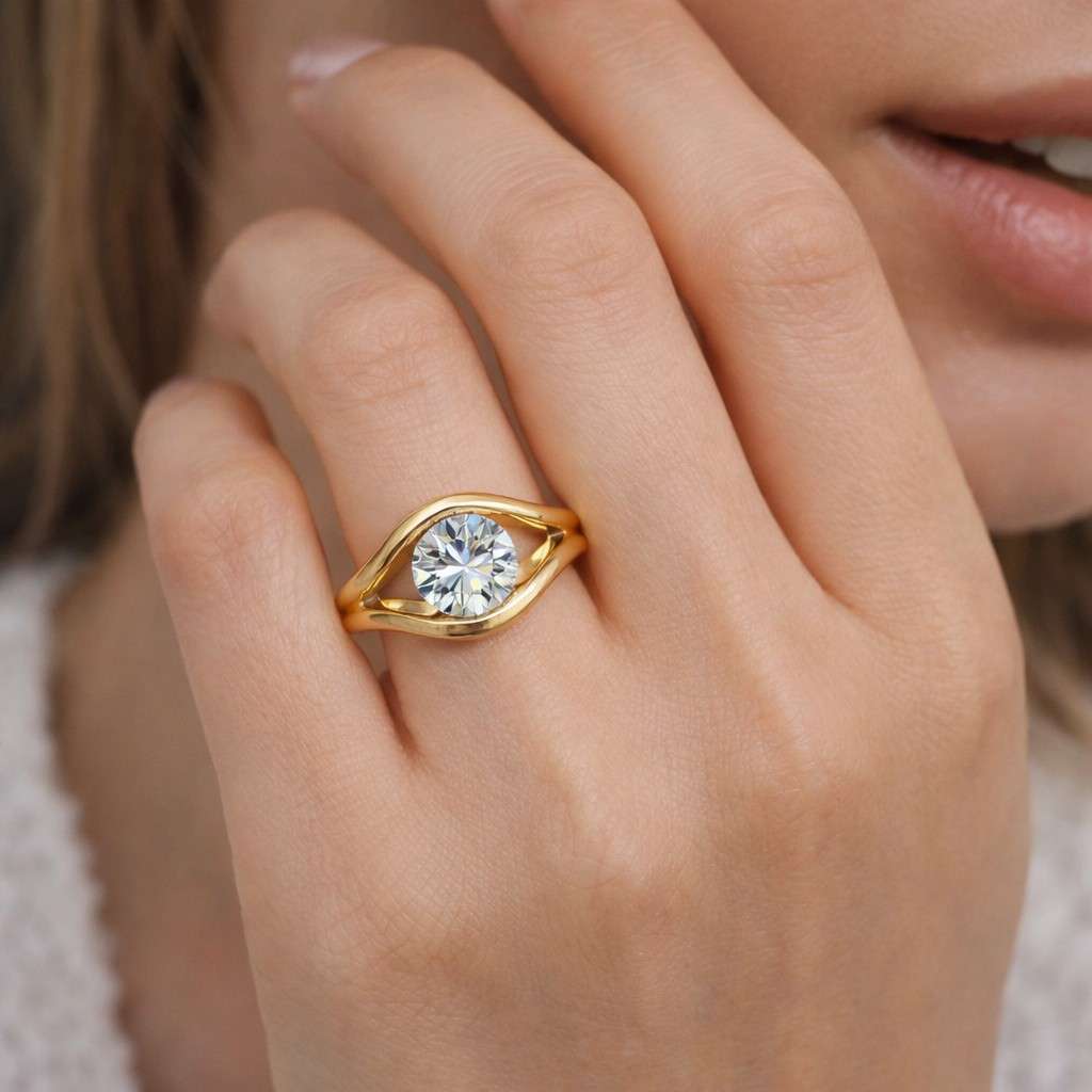 round moissanite engagement ring | minimalist bypass solitaire | single stone promise ring | dainty swirl band | custom solid gold
