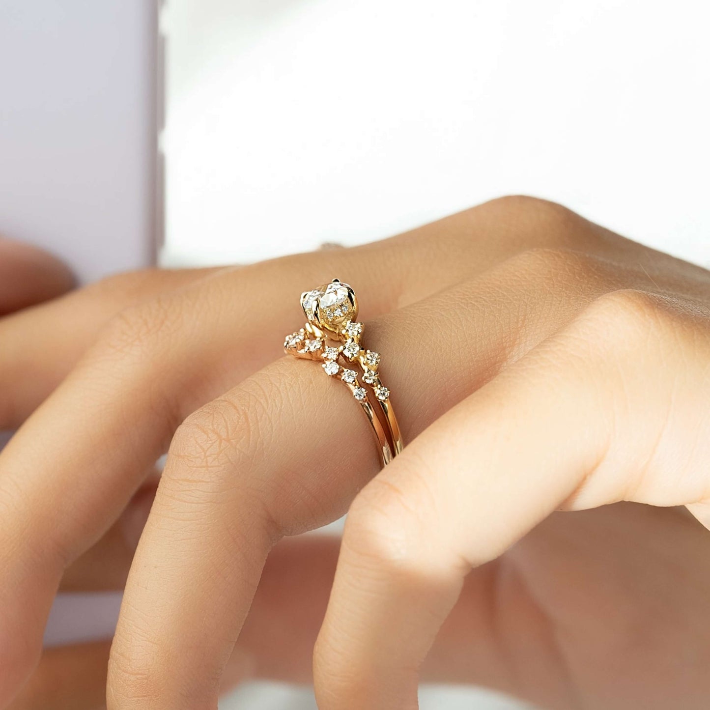 yellow gold unique snowdrift 6 prong engagement ring, diamond wedding ring for women