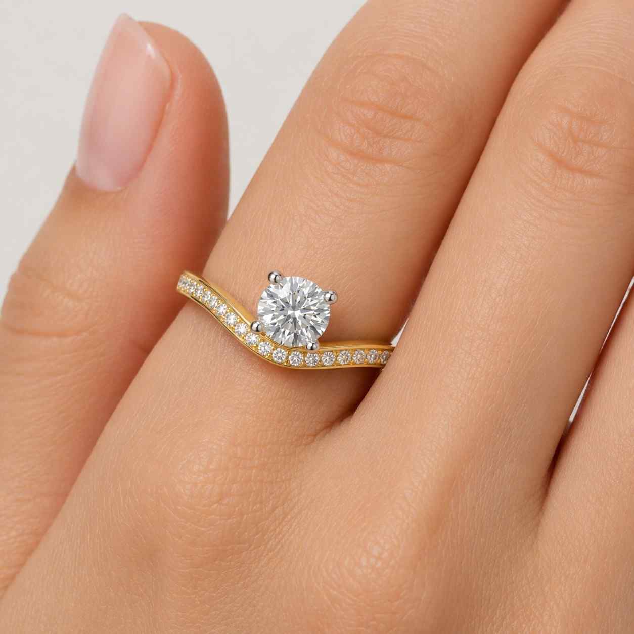 solid gold round cut moissanite engagement ring, half pave & hidden halo solitaire ring, rs-0804-a1-g