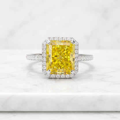 5ct Radiant Cut Light Yellow Engagement Ring: Two-Tone Halo, Pavé Band