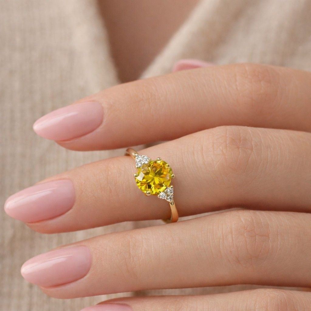 1.10 CT Oval Cut Yellow Diamond Ring, Muse Engagement Ring, IGI Certified Lab Grown Diamond Ring for Her, Marquise Round Side Stone Ring