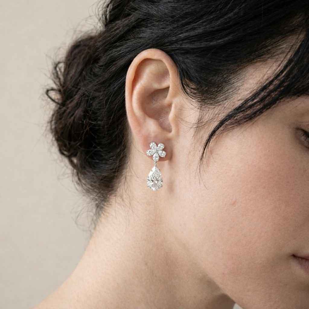 zircon earrings shiny earrings crystal drop earrings flower jewelry petal earrings pear stone earrings wedding guest earrings evening earrings cocktail earrings prom earrings